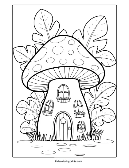 Simple Mushroom House With Spotted Cap And Leafy Surroundings In A Minimal, Relaxing Coloring Page.