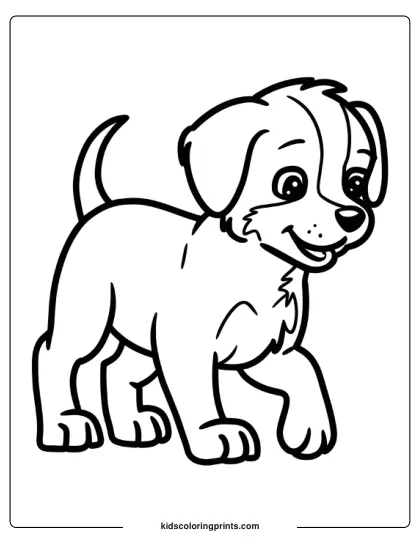 Playful Puppy Walking With Floppy Ears And A Curled Tail In A Dog Coloring Page.