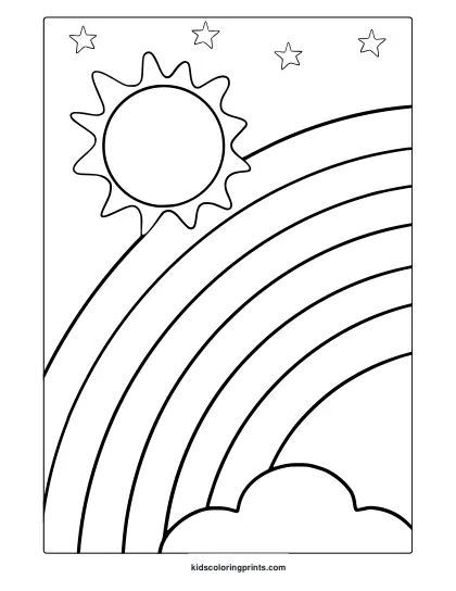 Simple Rainbow Coloring Page With Sun, Stars, And A Small Cloud Below.