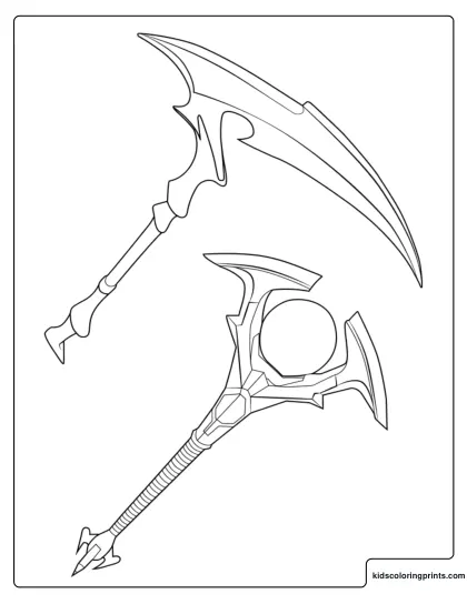 Skull Sickle Pickaxe And Oracle Axe From Fortnite Coloring Page With Two Pickaxes