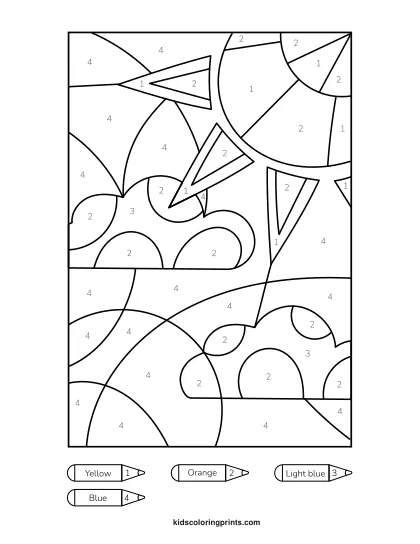 Sky Color By Number Coloring Page With A Bright Sun, Fluffy Clouds, And An Open Sky Ready For Blue And Yellow Shades.