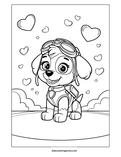 Skye Paw Patrol Coloring Page In Aviator Gear With Goggles, Hearts, And Cloud-Shaped Details.