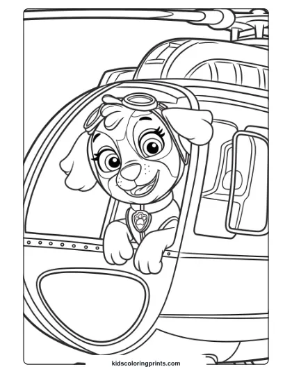 Skye Coloring Page With Her In The Helicopter Cockpit, Wearing Her Pilot Gear And Goggles.