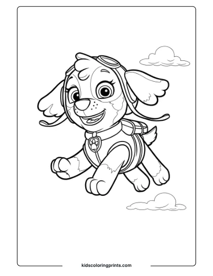 Skye Coloring Page Featuring Her Flying Mid-Air With Goggles And A Big Smile.