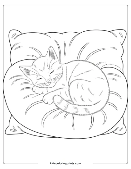 A Peaceful Kitten Sleeping On A Fluffy Pillow, Creating A Relaxing Scene For This Coloring Page.