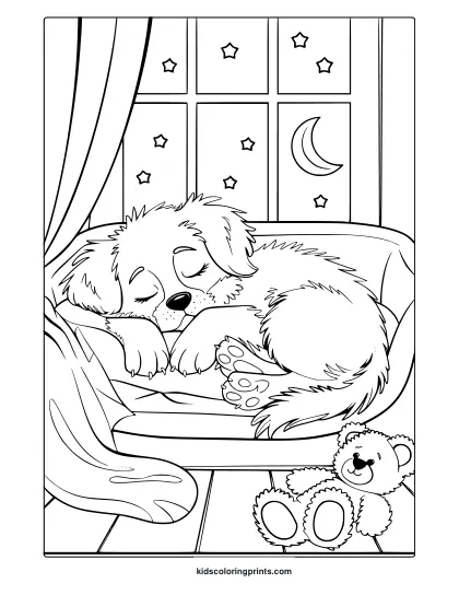 A Sleeping Puppy With A Teddy Bear Under The Night Sky. A Relaxing Sleeping Puppy Coloring Page To Enjoy.
