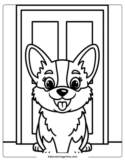 Smiling Corgi Sitting In Front Of A Door With Large Ears In A Dog Coloring Page.