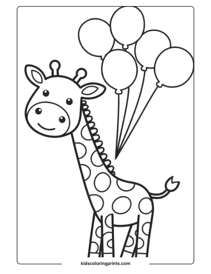 Smiling Giraffe Holding Balloons In A Fun Coloring Page, Perfect For Kids Who Enjoy Playful Designs.
