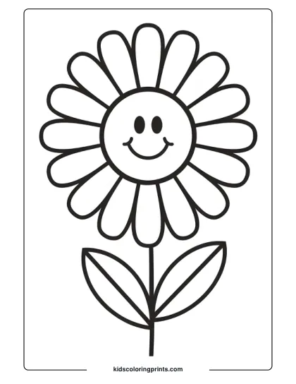 A Cheerful Daisy With A Smiling Face In The Center And Rounded Petals, Perfect For Children To Color.