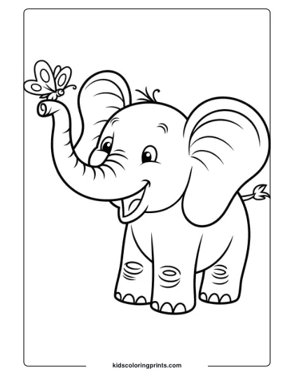 Coloring Page Of A Cheerful Elephant With A Butterfly On Its Trunk.