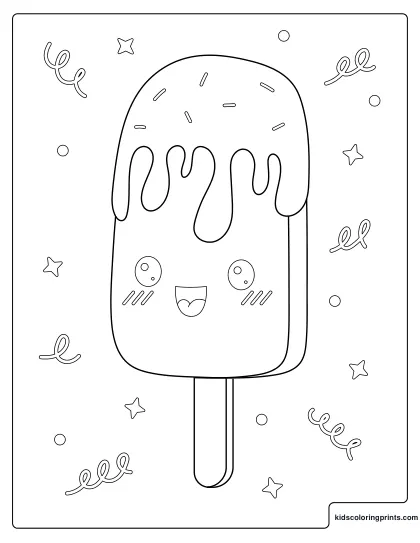 Kawaii Coloring Page With A Cheerful Ice Cream Character Covered In Sprinkles.