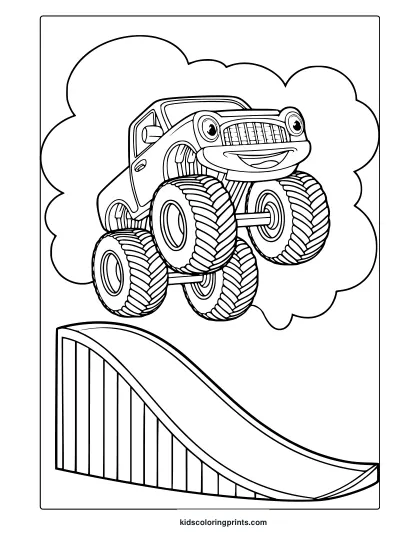 Smiling Monster Truck Jumping Off A Ramp With Clouds Behind, Fun And Playful Coloring Page For Kids.