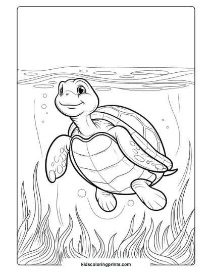 Smiling Turtle In Clear Water Coloring Page, Capturing A Peaceful Underwater Moment With Gentle Waves.