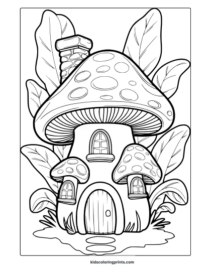 Smurfs-Inspired Mushroom House With Chimney And Leafy Background In This Playful Coloring Page.