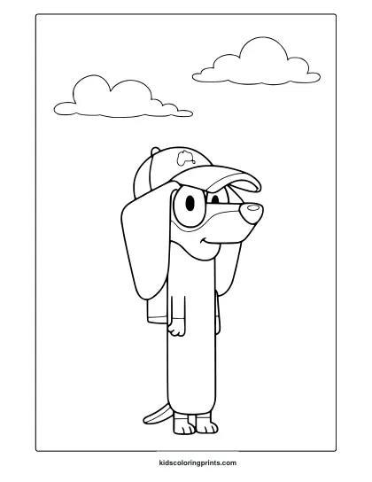 Snickers From Bluey Coloring Page Showing A Dog In A Cap And Glasses With Cloud Accents.