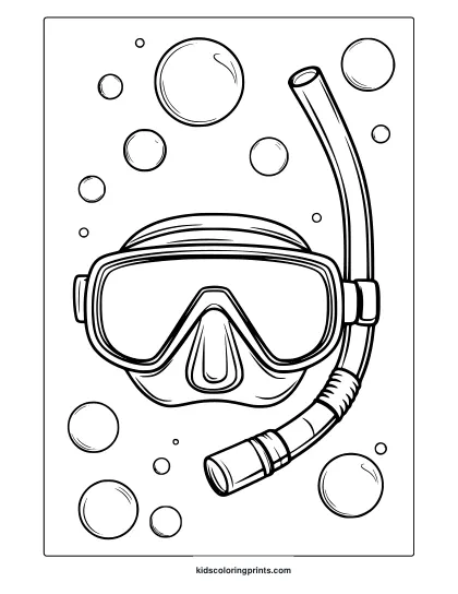 A Snorkeling Mask With A Coiled Tube And Bubbles Is Shown In This Detailed Snorkeling Gear Coloring Page.