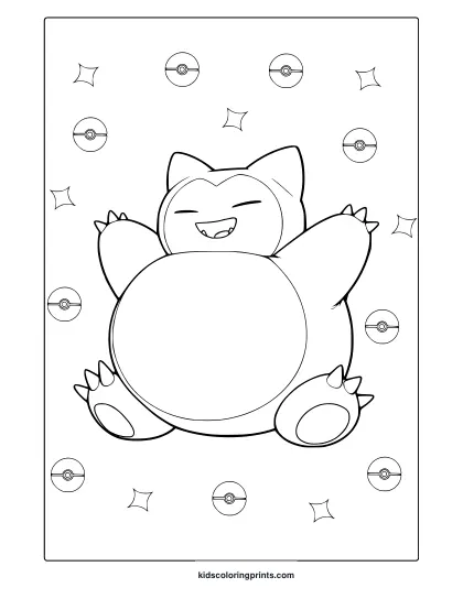 Snorlax Sitting With Poké Ball Symbols And Sparkles On A Cheerful Pokémon Coloring Page.