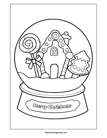 Snow Globe Coloring Page Featuring Gingerbread House, Lollipops, And Christmas Tree.
