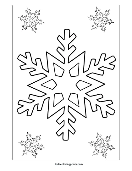 Snowflake Coloring Page Featuring Large Central Snowflake With Smaller Corner Designs.