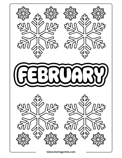 A Beautiful Snowflake Coloring Page With Intricate Designs And 'February' As The Focus.