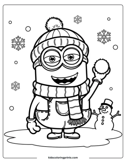 A Winter-Themed Minion Coloring Page With A Minion In Cozy Attire, Holding A Snowball In A Snowy Wonderland.