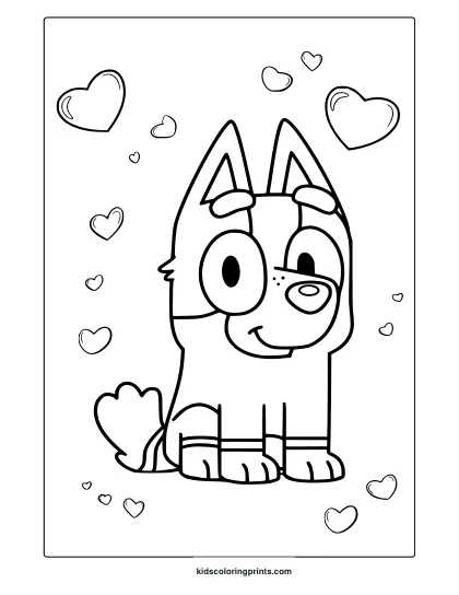 Socks From Bluey Coloring Page Showing A Husky Character With Decorative Hearts Around It.