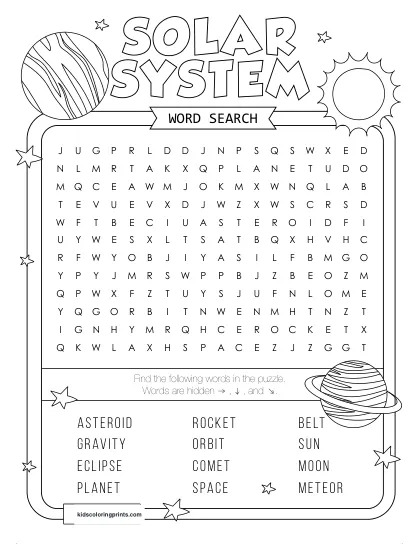Free Printable Solar System Word Search Puzzle With 12 Words From Sun To Moon.