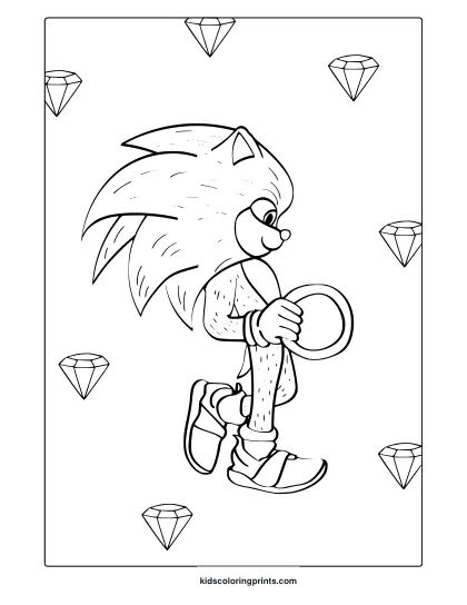 Coloring Page With Sonic Holding A Ring, Inspired By Sonic 2 Movie Style.