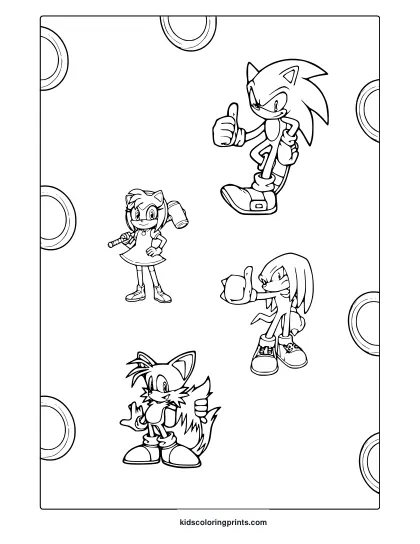 Coloring Page With Sonic, Amy, Tails, And Knuckles In A Fun, Energetic Group Pose.