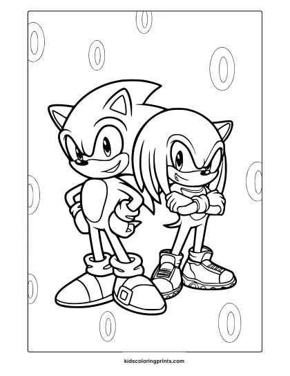 Coloring Page With Sonic And Knuckles Standing Side By Side In Classic Style.