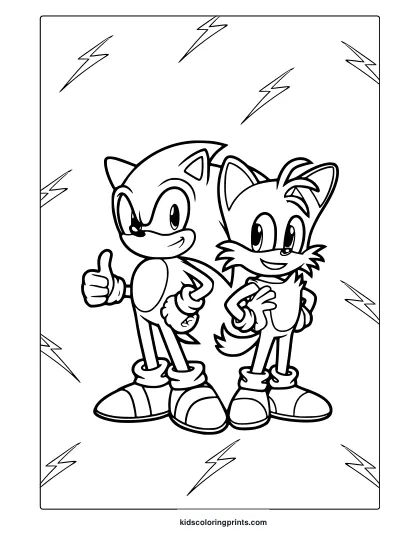 Coloring Page With Sonic And Tails Posing With Lightning Bolt Background.