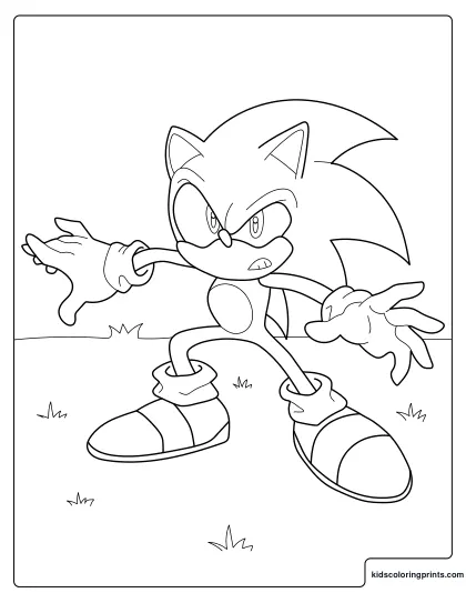 Sonic Coloring Page In A Fighting Stance Outdoors On The Grass