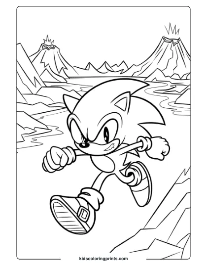 Sonic Running Through Volcano Valley With Fiery Peaks And An Action-Filled Background On This Intense Coloring Page.