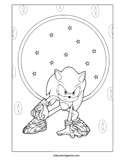 Coloring Page With Sonic In Crouching Pose Surrounded By Stars In A Circular Frame.