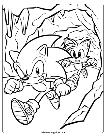 Sonic And Tails Running Through Mystic Cave With Jagged Walls And Stalactites In This Exciting Coloring Page.