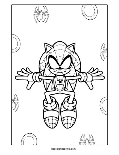 Sonic Coloring Page In Spider-Man Costume With Web Pattern And Playful Chibi Design.