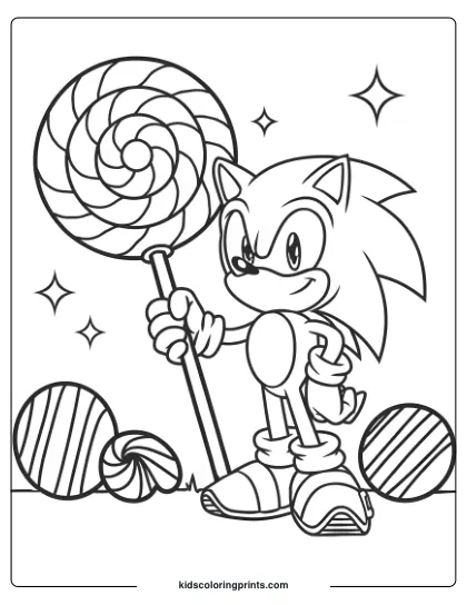 Sonic Holding A Giant Lollipop Surrounded By Candies In This Festive And Sweet-Themed Coloring Page.