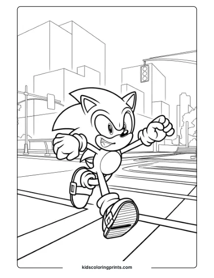 Sonic Running Through City Escape With Buildings And A Cityscape On This Fast-Paced Coloring Page.