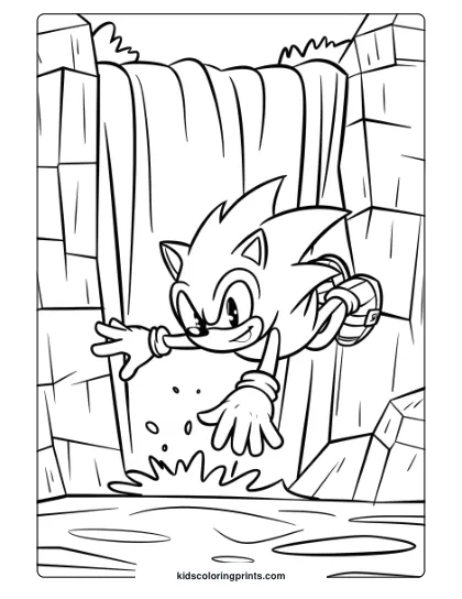 Sonic Mid-Air Diving Off A Waterfall With Rocky Cliffs And Splashing Water On This Exciting Coloring Page.