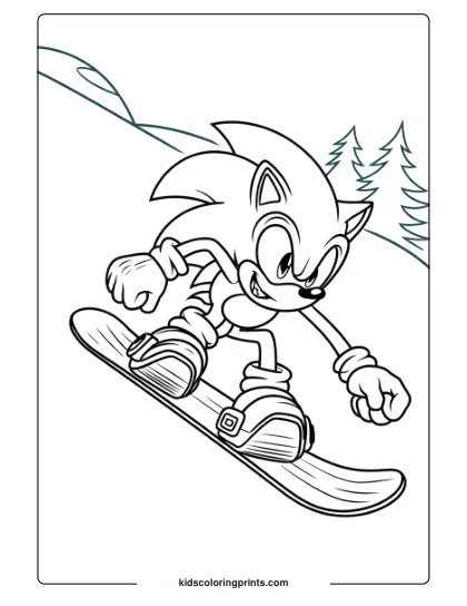 Sonic Snowboarding On A Snowy Slope With Trees And A Clear Sky On This Thrilling Winter Coloring Page.