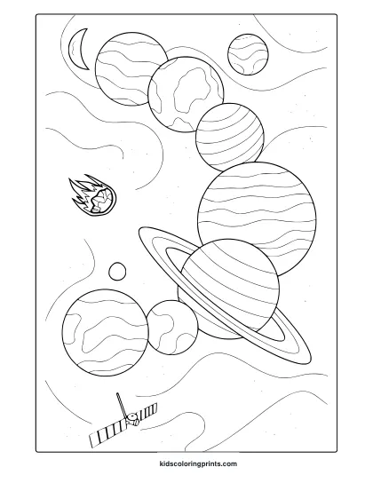 Planets Moons Meteor And Satellite In Space. Realistic And Detailed Space Planets Coloring Page For Kids.