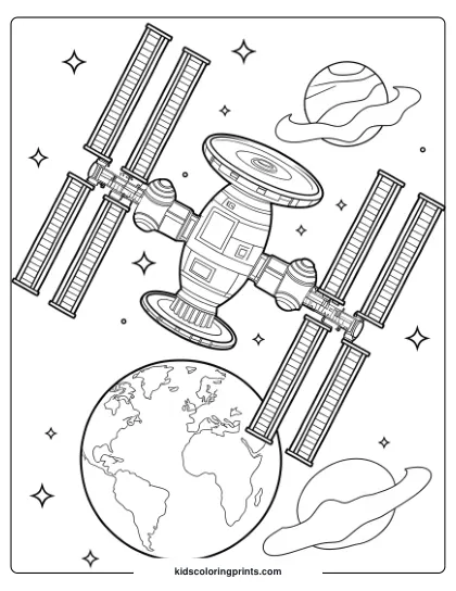 Coloring Page Of A Space Station Orbiting Earth, With Stars And Planets Highlighting A Deep Space Exploration Theme.