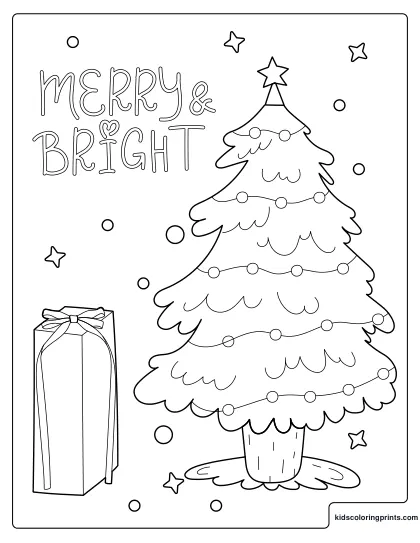 Christmas Coloring Page With A Decorated Tree, Stars, And A Wrapped Gift.