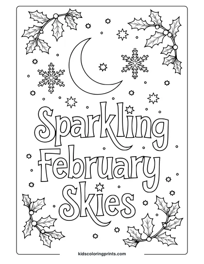 A Colorful February Coloring Page Featuring A Crescent Moon, Snowflakes, And Decorative Elements.
