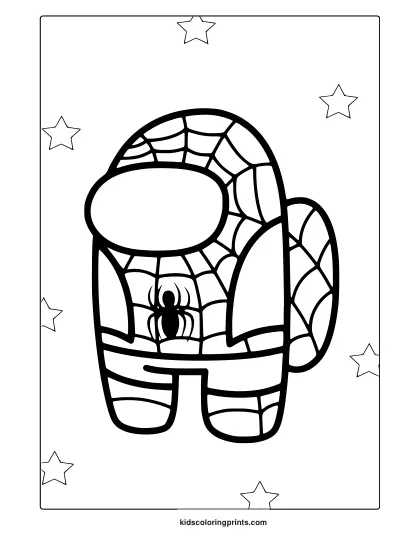 Among Us Coloring Page With Spider-Man-Themed Suit And Decorative Background Elements.