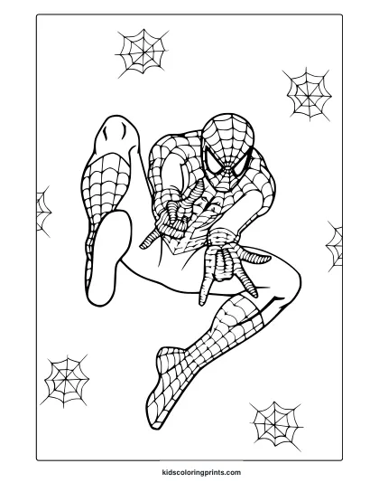 Spider-Man Coloring Page With Dynamic Jumping Pose And Web-Patterned Suit Design.