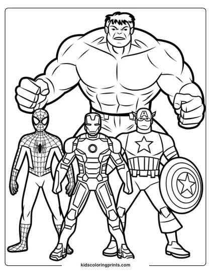 Spider-Man, Iron Man, Captain America, And Hulk Coloring Page