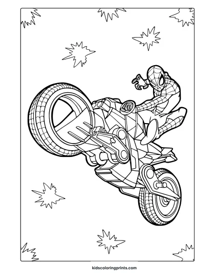 Spider-Man Coloring Page Featuring Motorcycle Action And Bold Web-Suit Details.