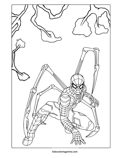 Spider-Man Coloring Page With Crouching Pose And Mechanical Spider Legs From No Way Home.
