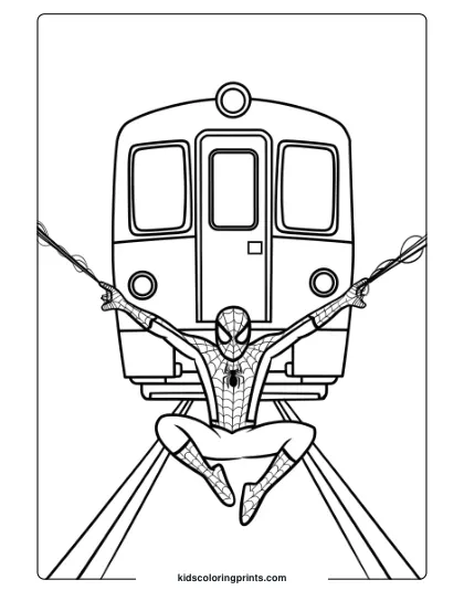 Spider-Man Stopping A Train With His Webs In An Action-Filled Coloring Page, Set Between Two Tracks.